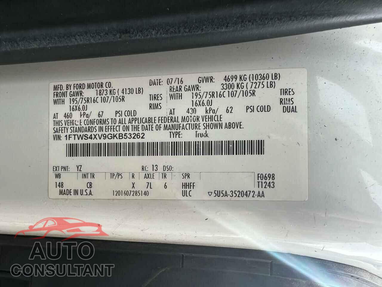 FORD TRANSIT 2016 - 1FTWS4XV9GKB53262