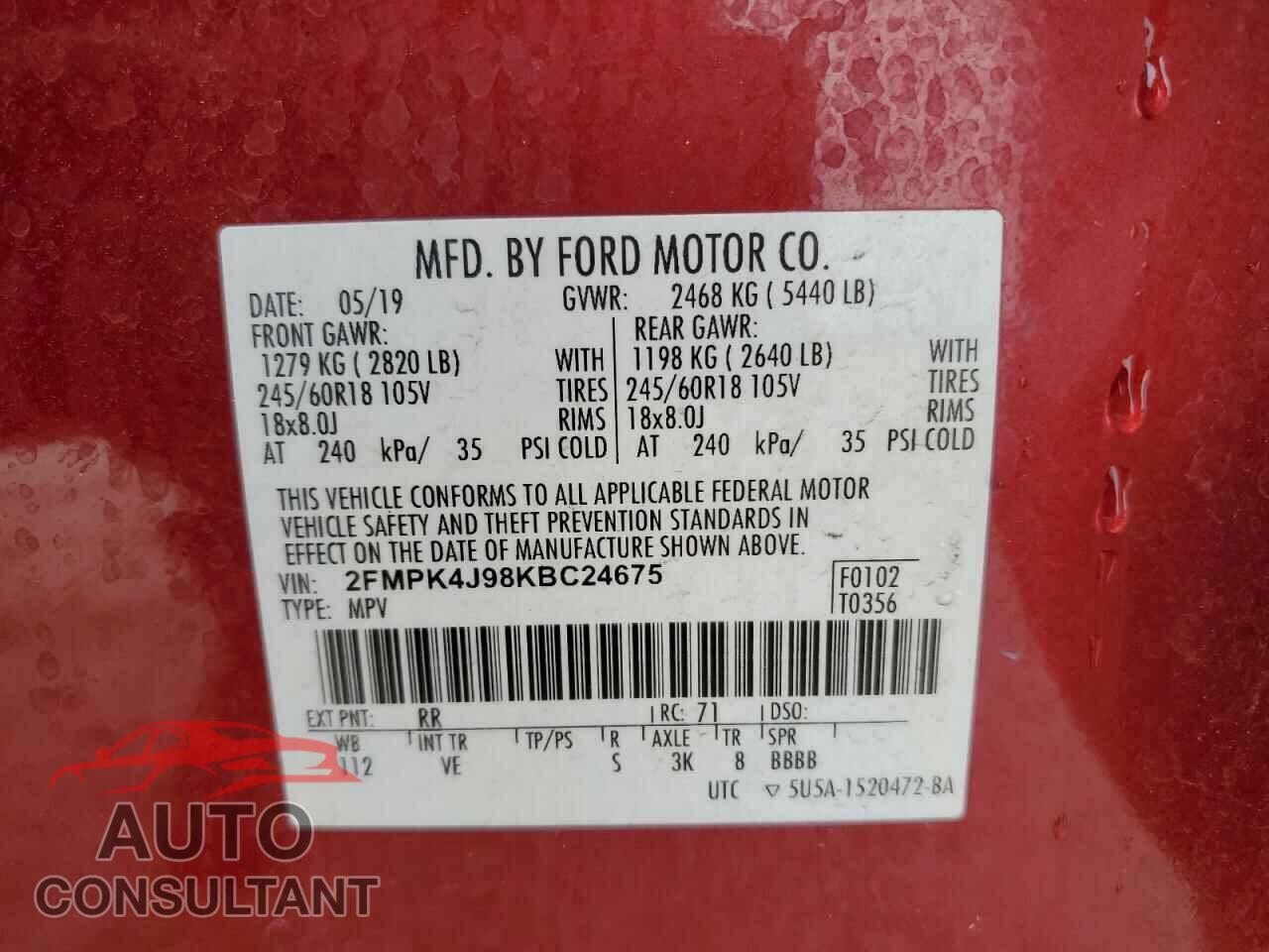 FORD EDGE 2019 - 2FMPK4J98KBC24675