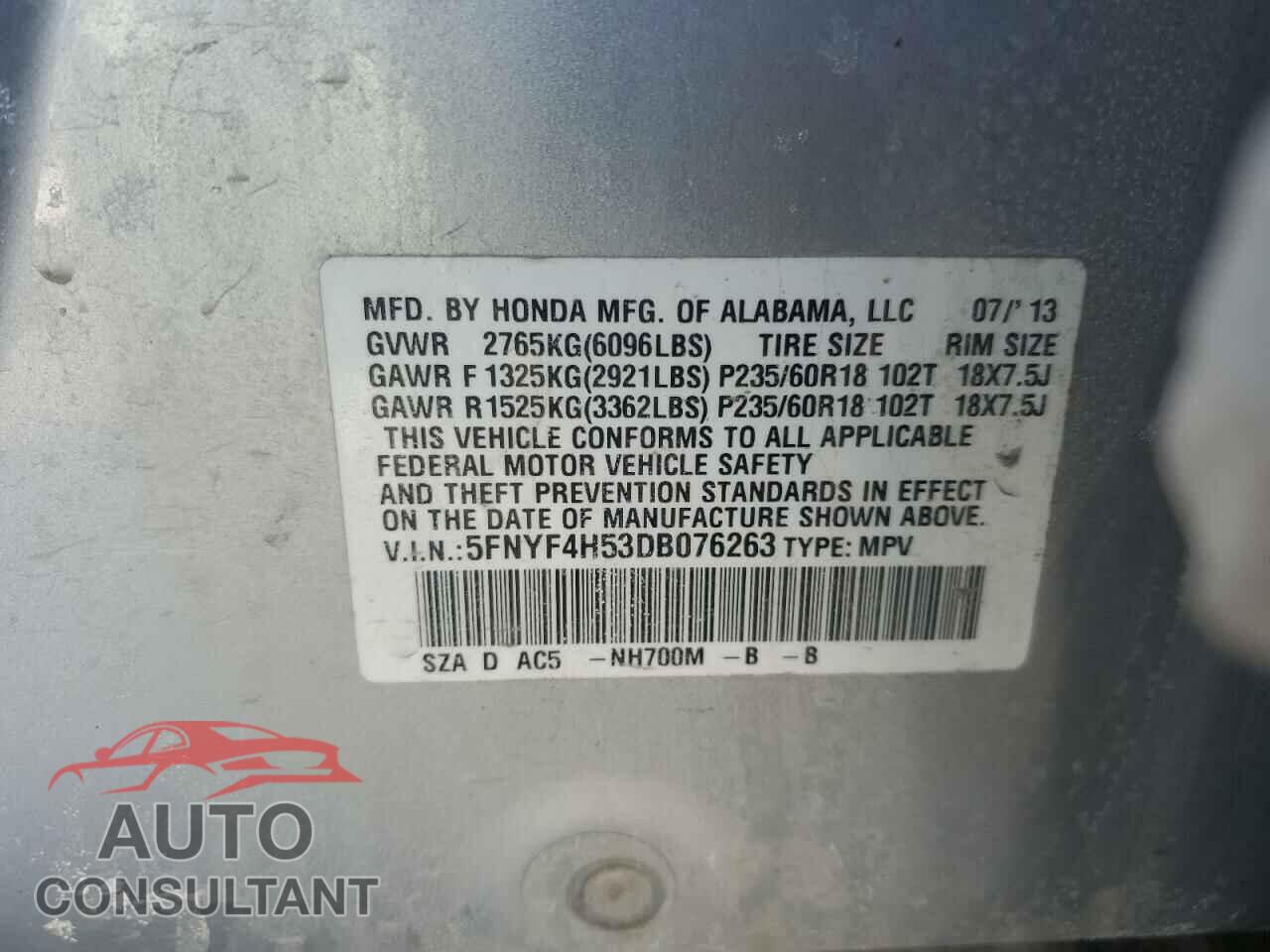 HONDA PILOT 2013 - 5FNYF4H53DB076263