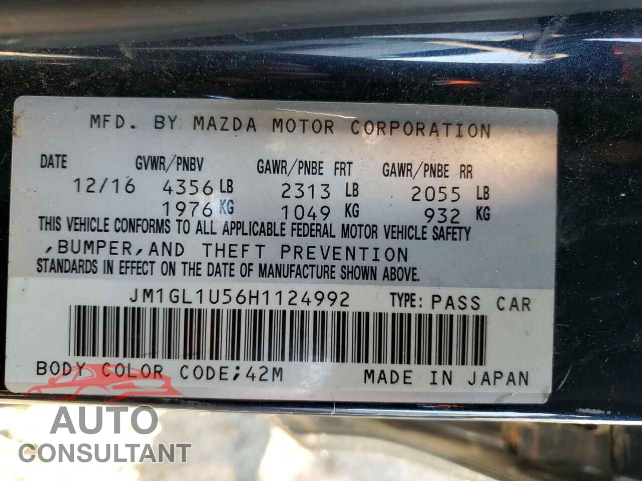 MAZDA 6 2017 - JM1GL1U56H1124992