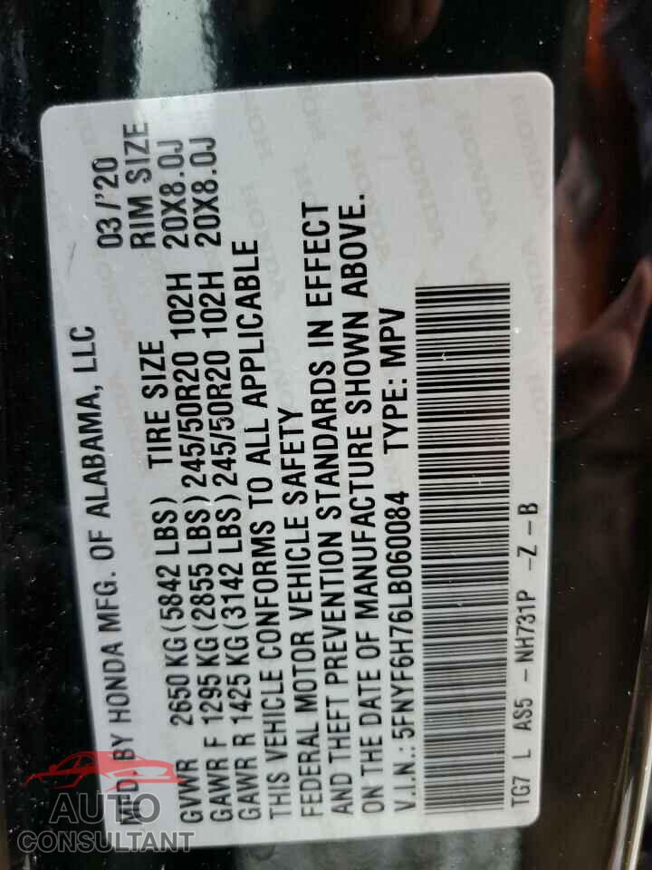 HONDA PILOT 2020 - 5FNYF6H76LB060084