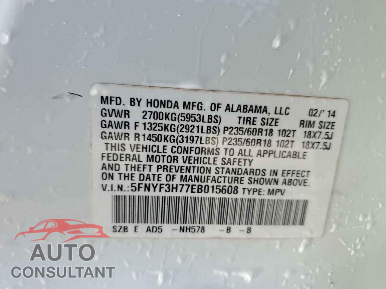 HONDA PILOT 2014 - 5FNYF3H77EB015608