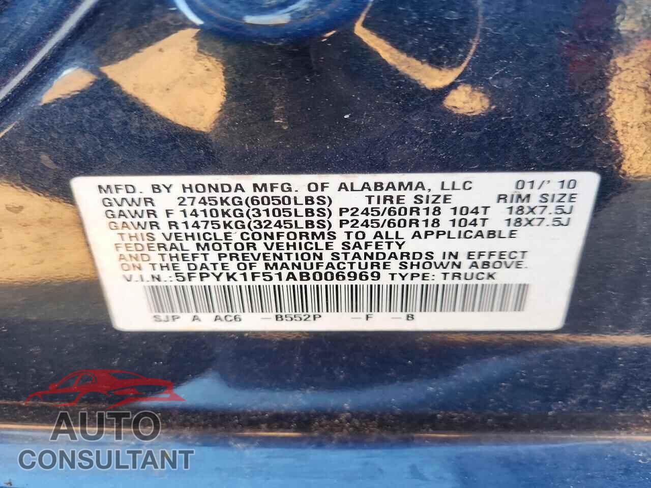 HONDA RIDGELINE 2010 - 5FPYK1F51AB006969