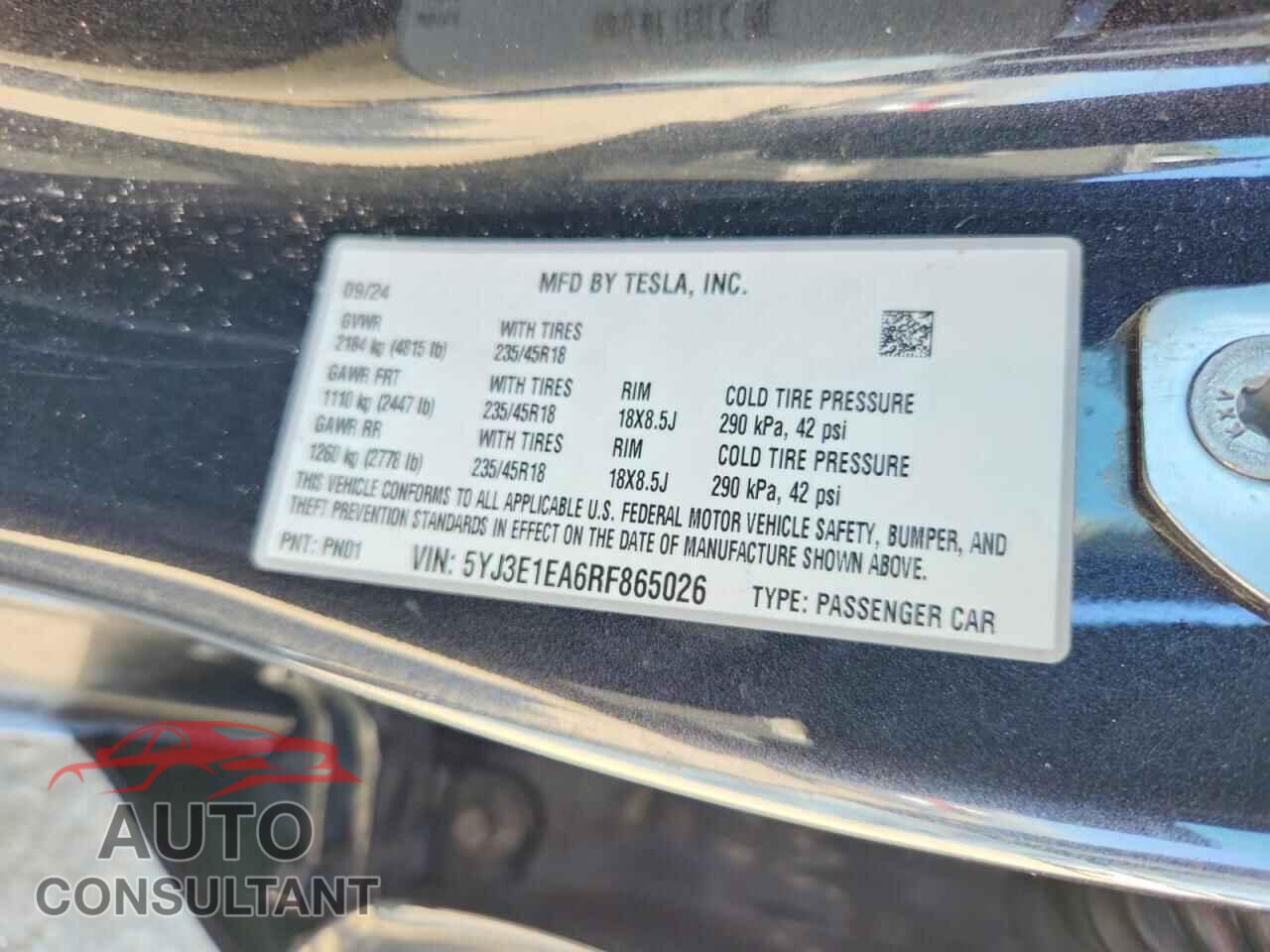 TESLA MODEL 3 2024 - 5YJ3E1EA6RF865026
