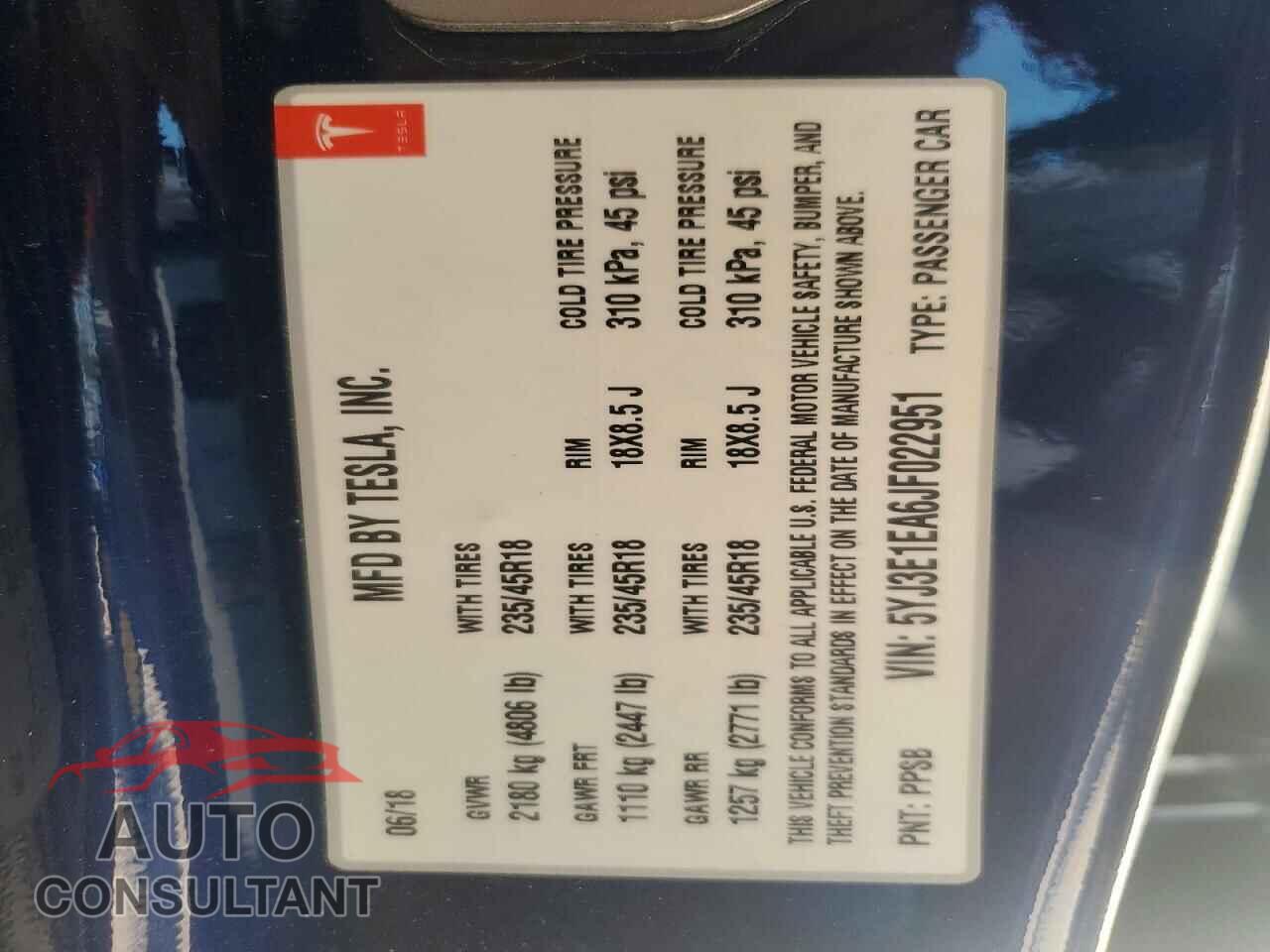 TESLA MODEL 3 2018 - 5YJ3E1EA6JF022951