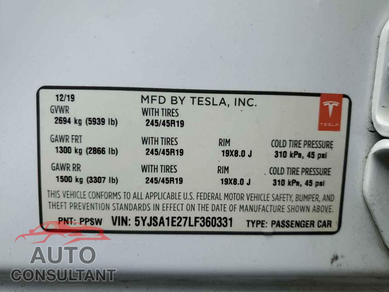 TESLA MODEL S 2020 - 5YJSA1E27LF360331