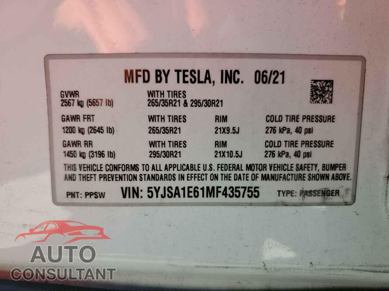 TESLA MODEL S 2021 - 5YJSA1E61MF435755