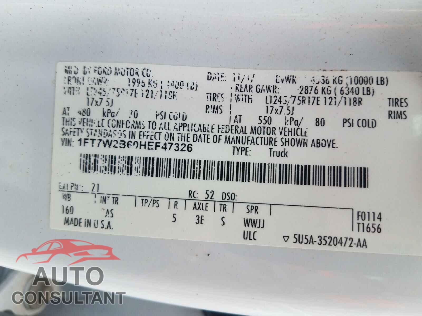 FORD F250 2017 - 1FT7W2B60HEF47326