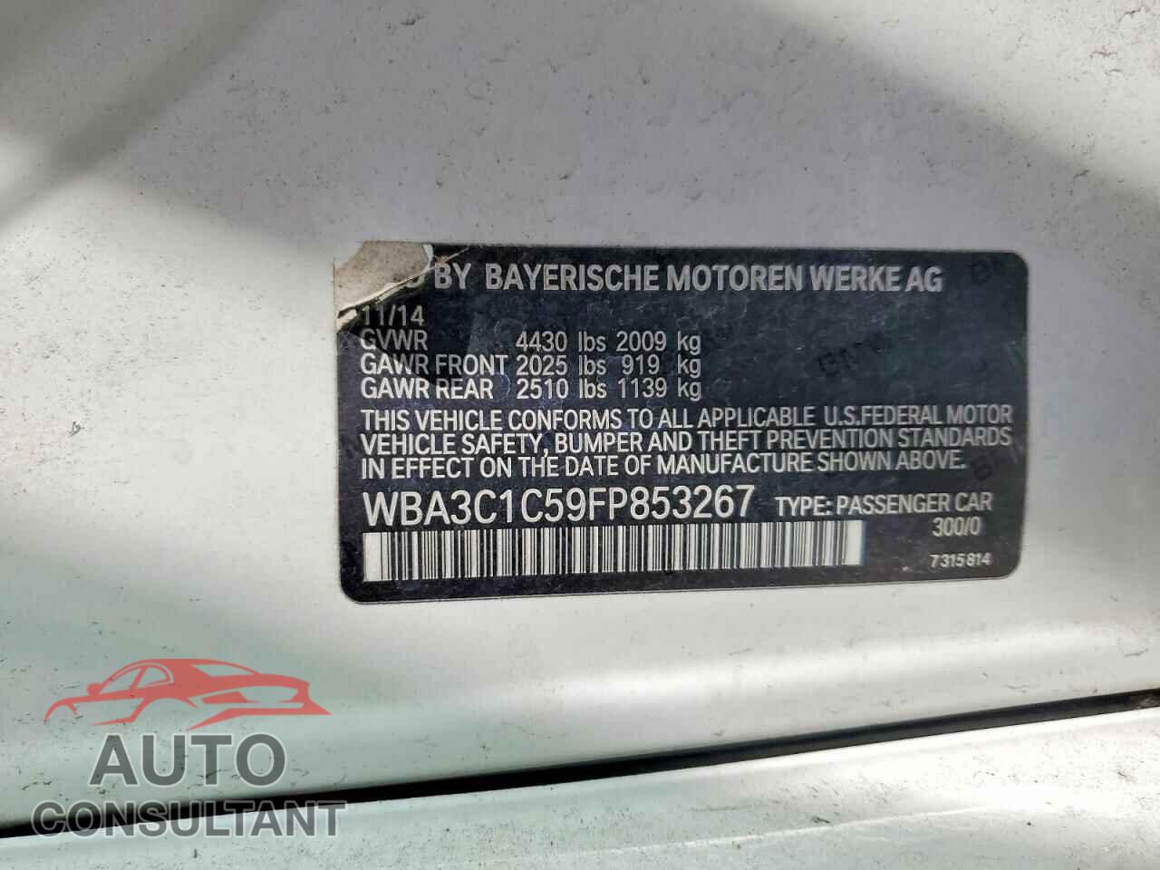 BMW 3 SERIES 2015 - WBA3C1C59FP853267
