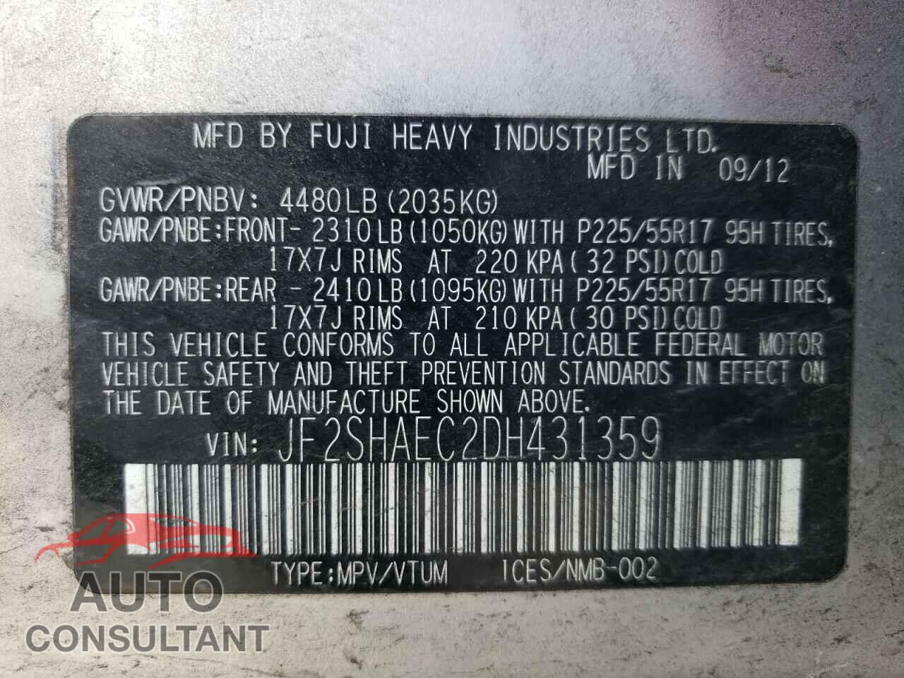 SUBARU FORESTER 2013 - JF2SHAEC2DH431359