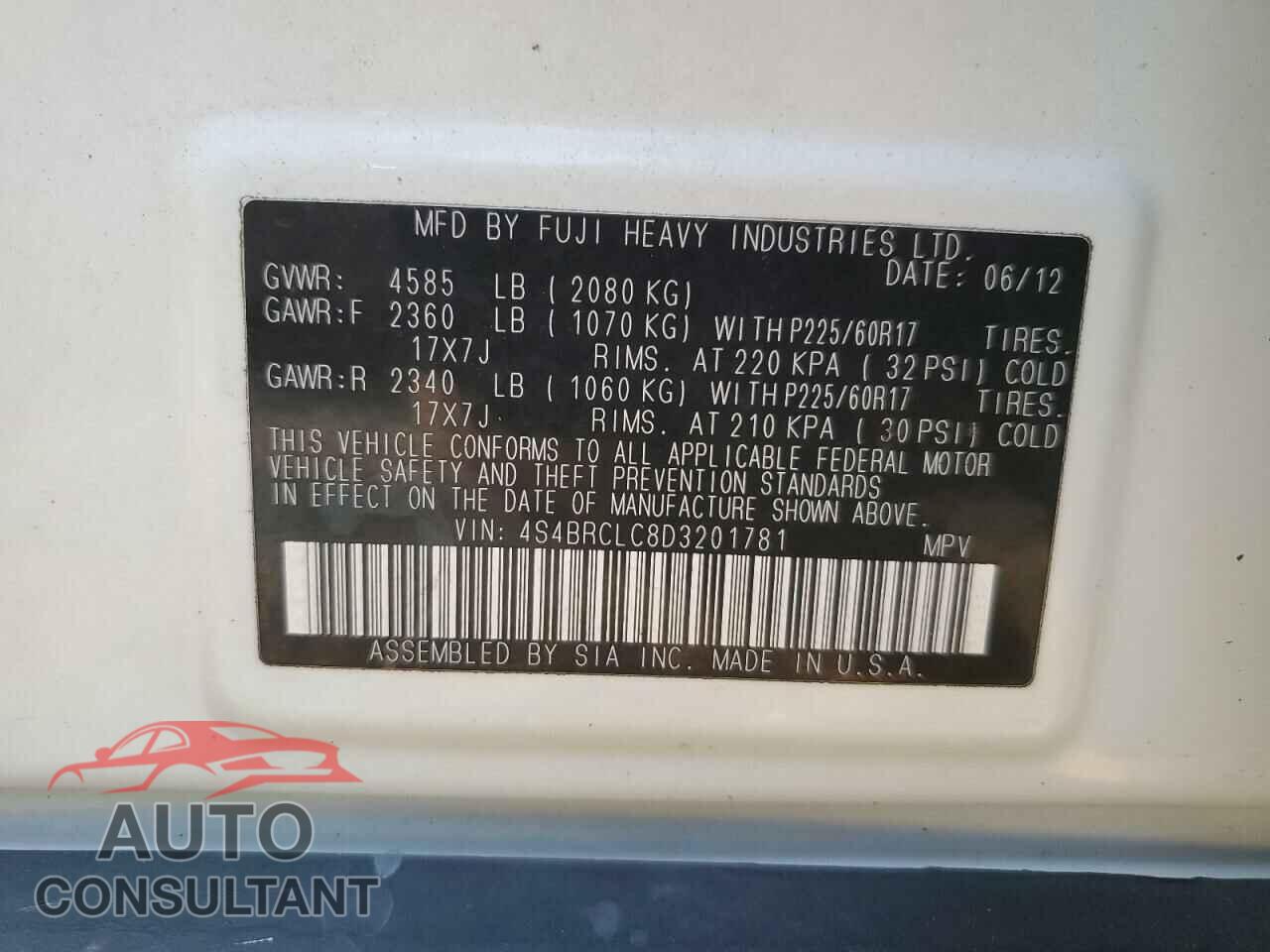 SUBARU OUTBACK 2013 - 4S4BRCLC8D3201781