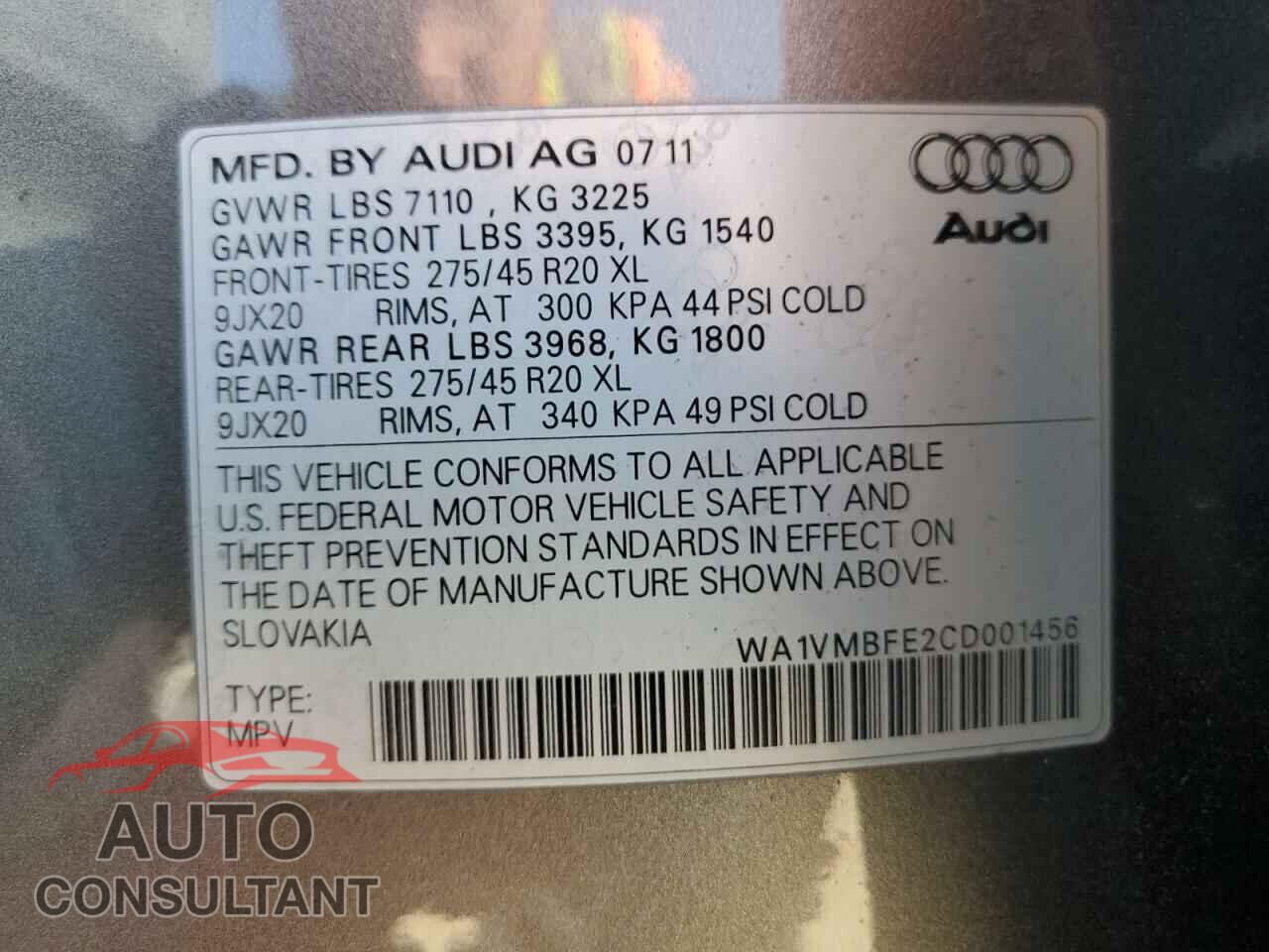AUDI Q7 2012 - WA1VMBFE2CD001456