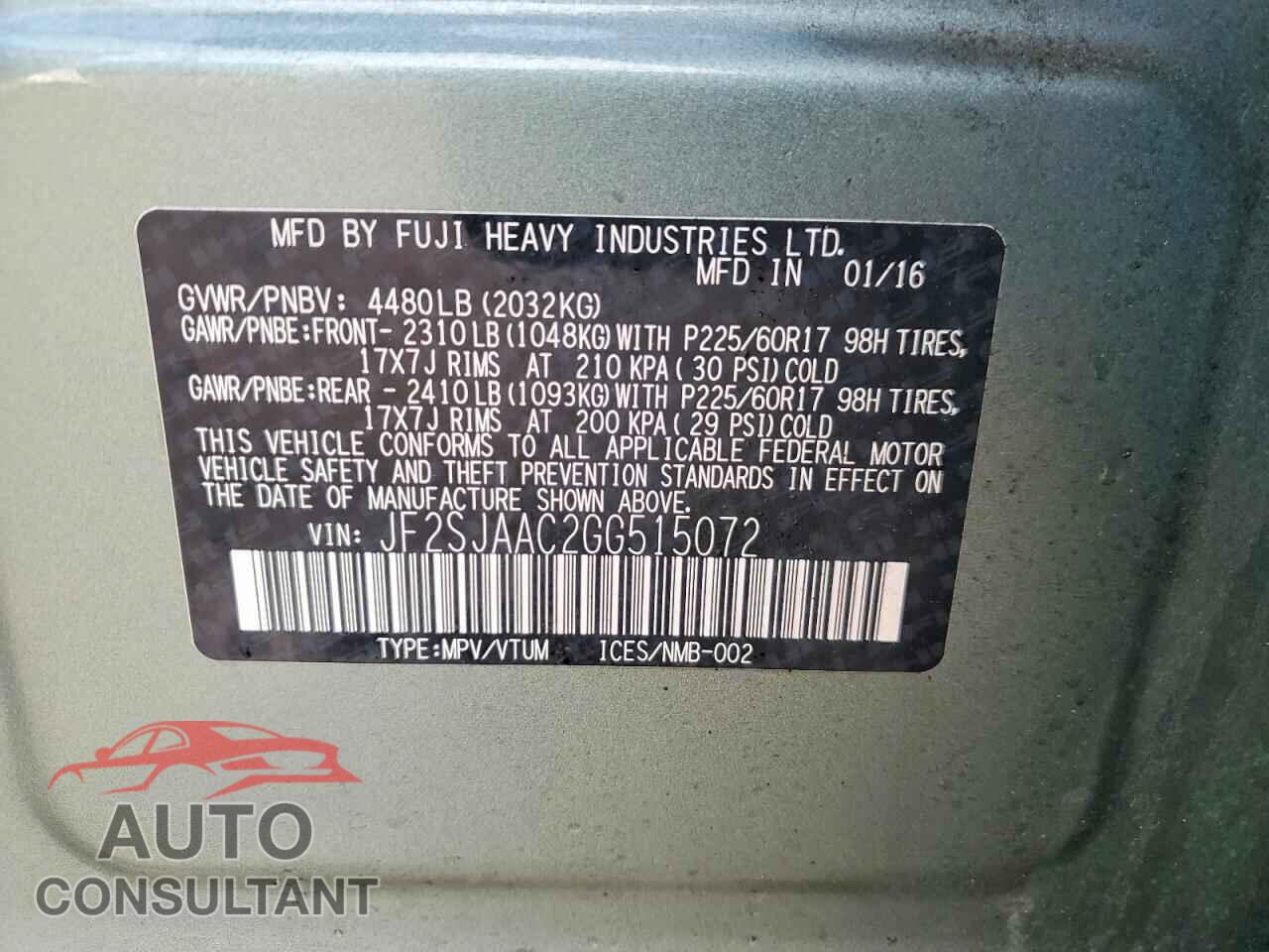 SUBARU FORESTER 2016 - JF2SJAAC2GG515072