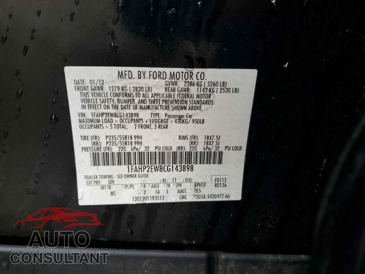 FORD TAURUS 2012 - 1FAHP2EW8CG143898
