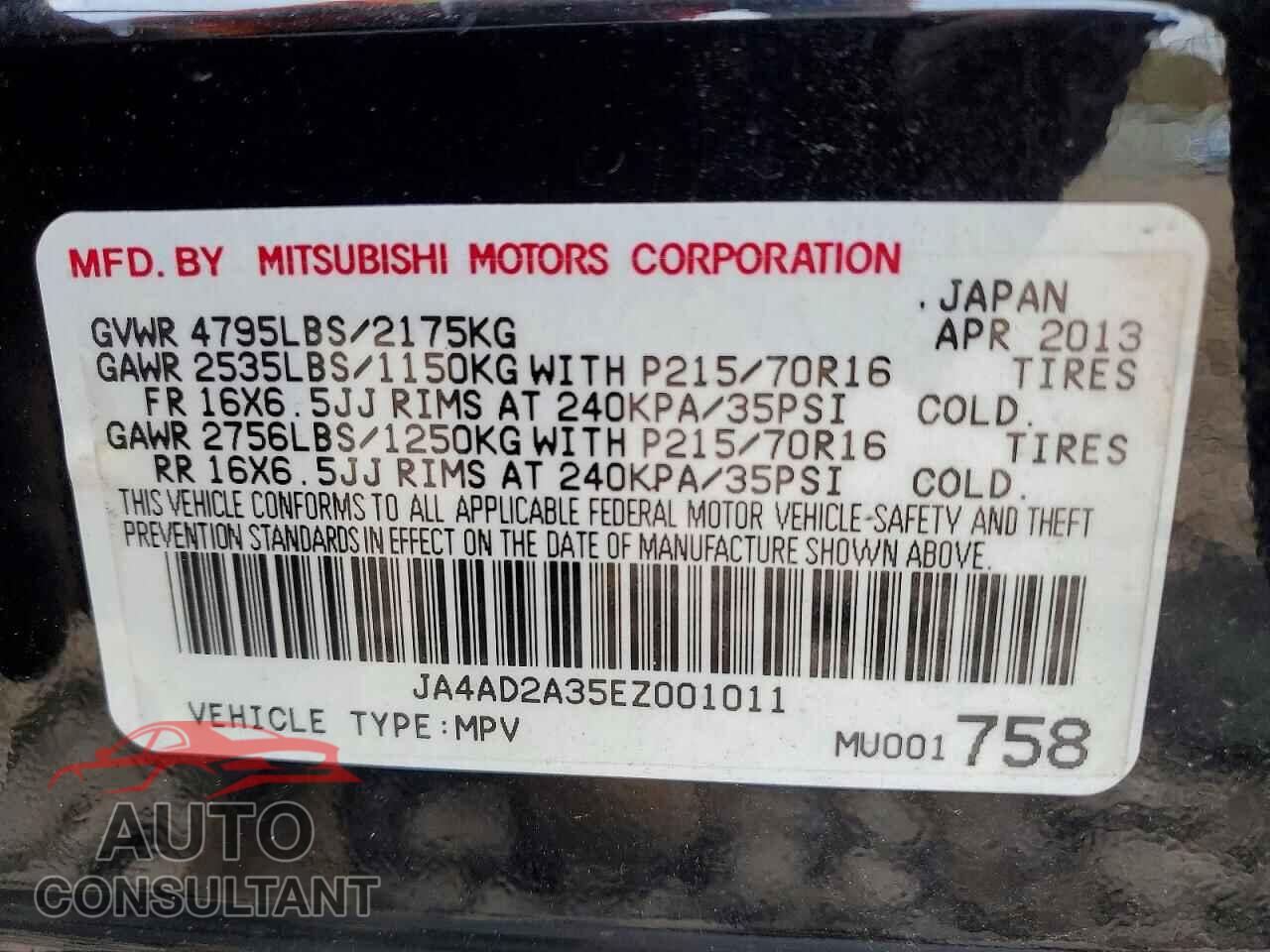 MITSUBISHI OUTLANDER 2014 - JA4AD2A35EZ001011