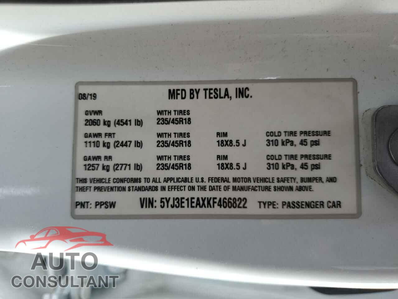TESLA MODEL 3 2019 - 5YJ3E1EAXKF466822