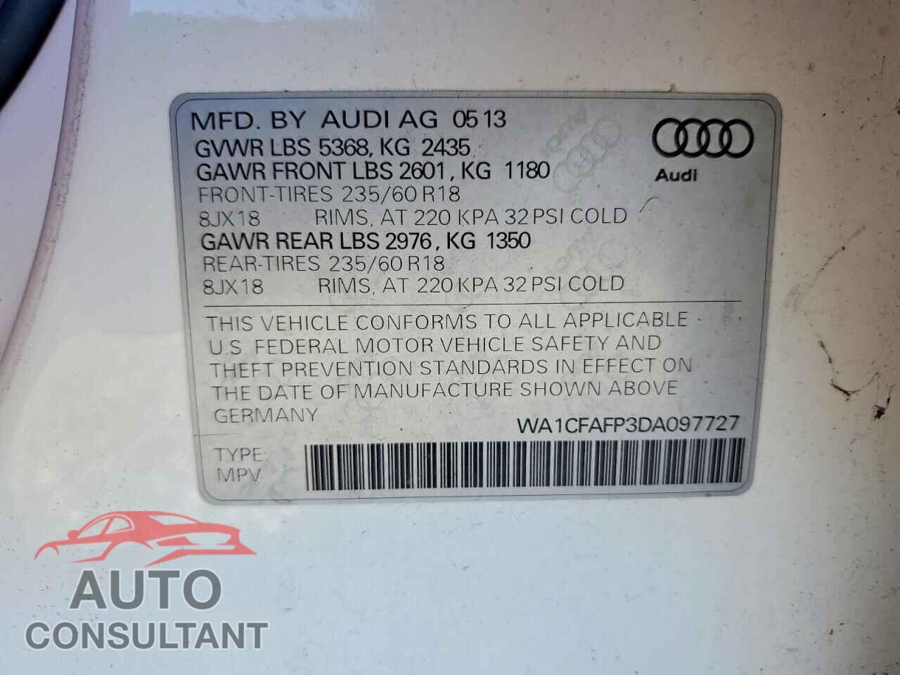 AUDI Q5 2013 - WA1CFAFP3DA097727