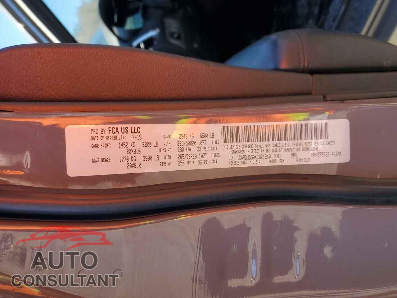 DODGE DURANGO 2019 - 1C4RDJDG0KC821240