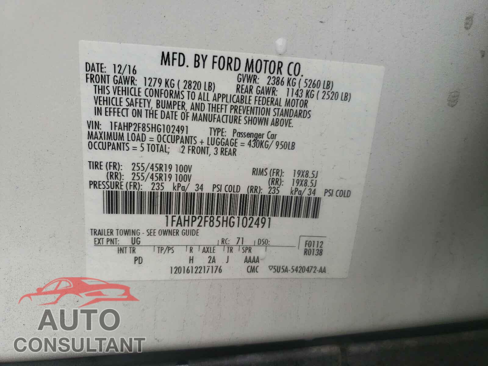 FORD TAURUS 2017 - 1FAHP2F85HG102491
