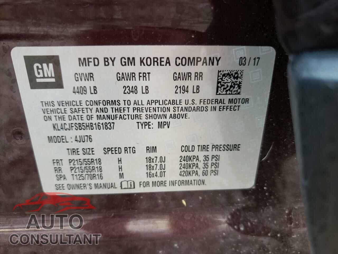 BUICK ENCORE 2017 - KL4CJFSB5HB161837