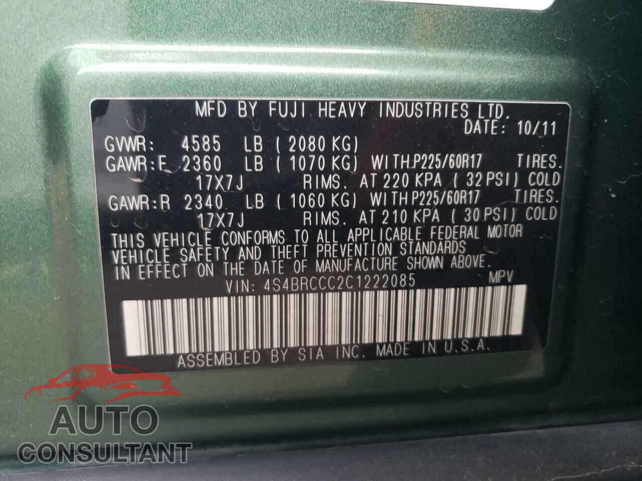 SUBARU OUTBACK 2012 - 4S4BRCCC2C1222085
