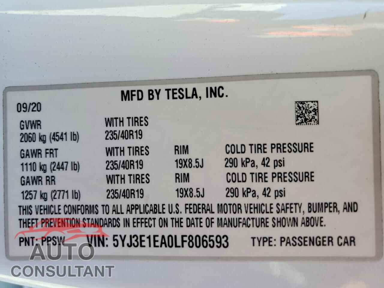 TESLA MODEL 3 2020 - 5YJ3E1EA0LF806593