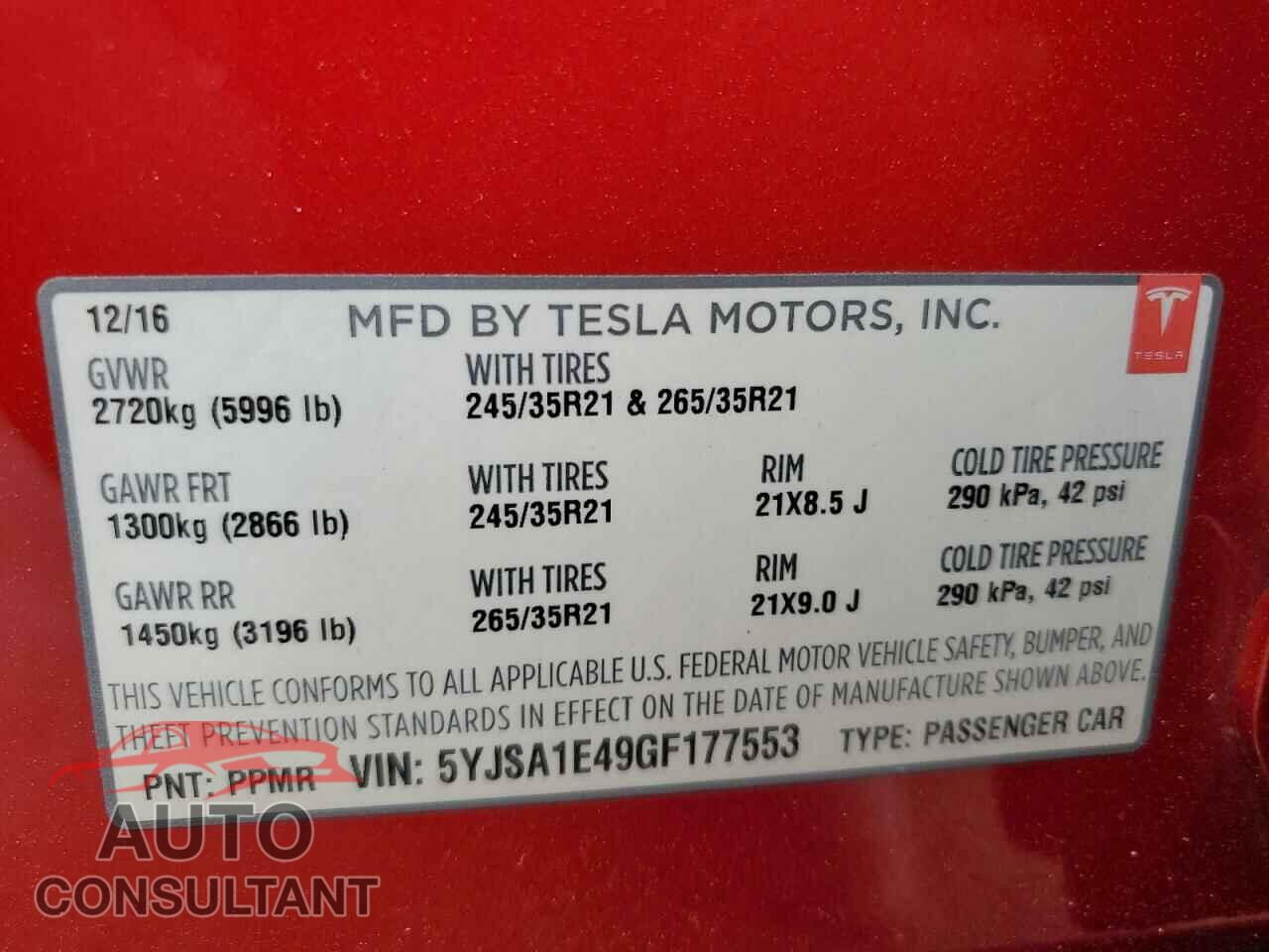 TESLA MODEL S 2016 - 5YJSA1E49GF177553