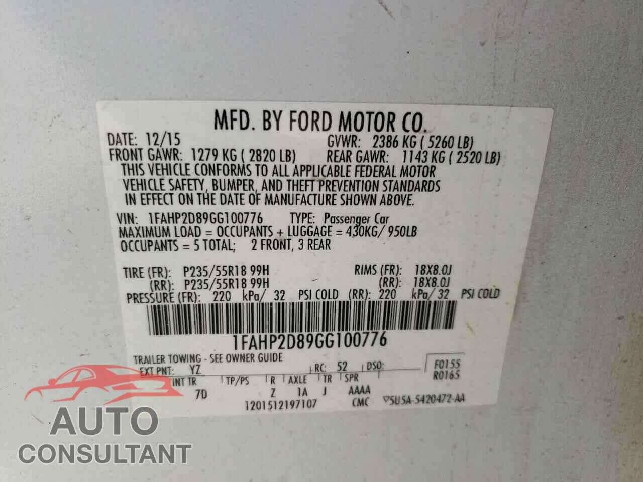 FORD TAURUS 2016 - 1FAHP2D89GG100776