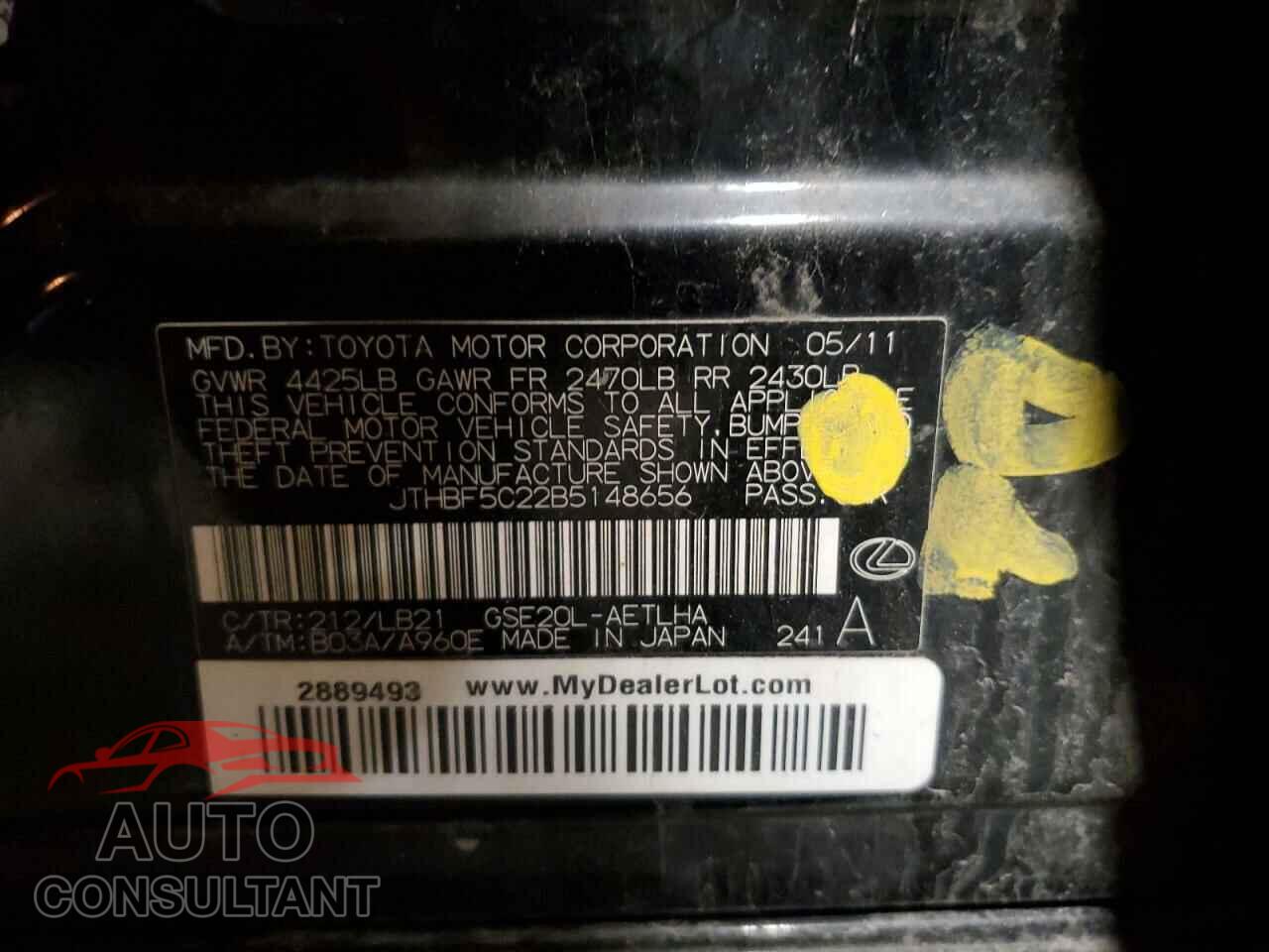 LEXUS IS 2011 - JTHBF5C22B5148656