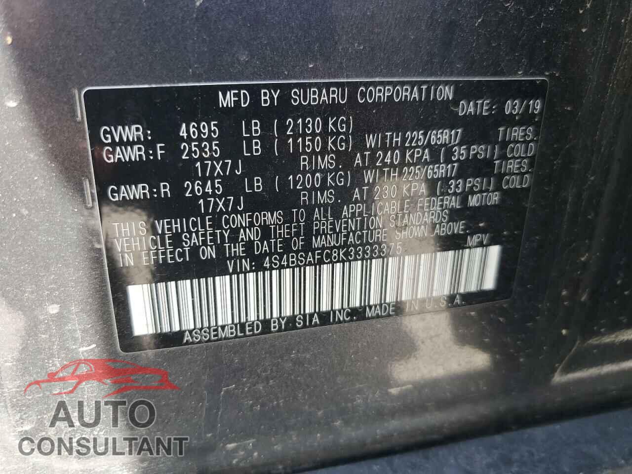 SUBARU OUTBACK 2019 - 4S4BSAFC8K3333375