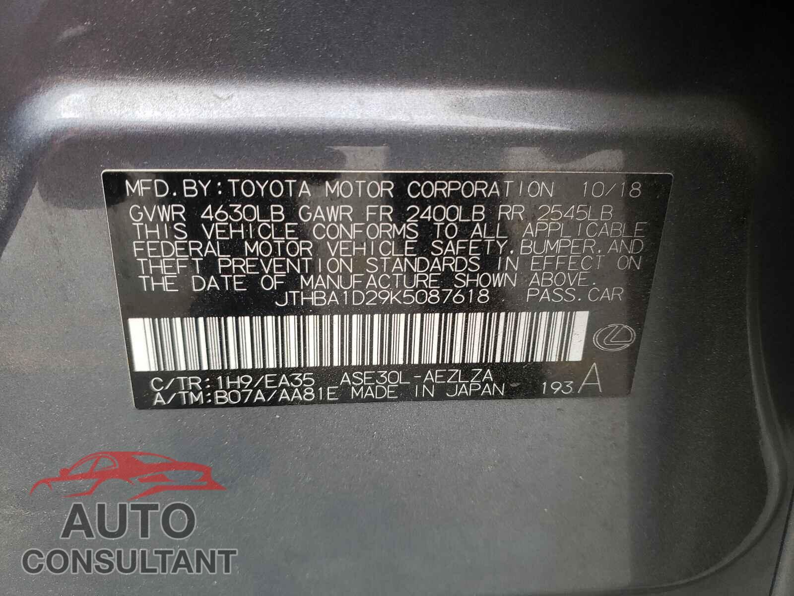 LEXUS IS 2019 - JTHBA1D29K5087618