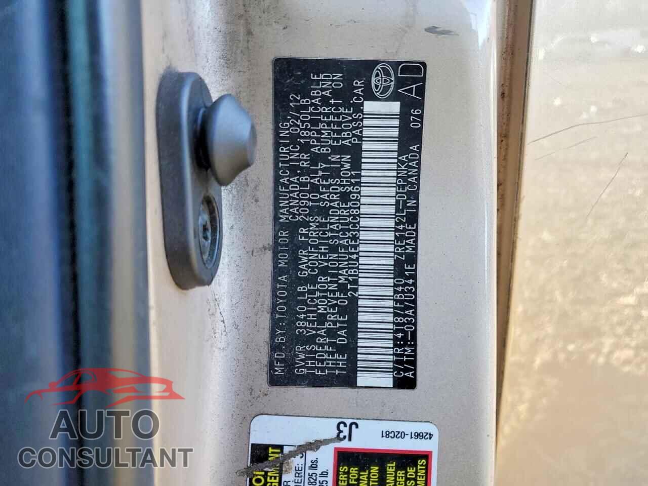 TOYOTA COROLLA 2012 - 2T1BU4EE3CC809611