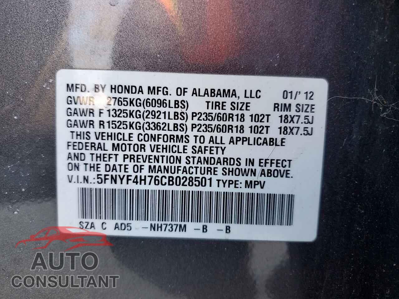 HONDA PILOT 2012 - 5FNYF4H76CB028501