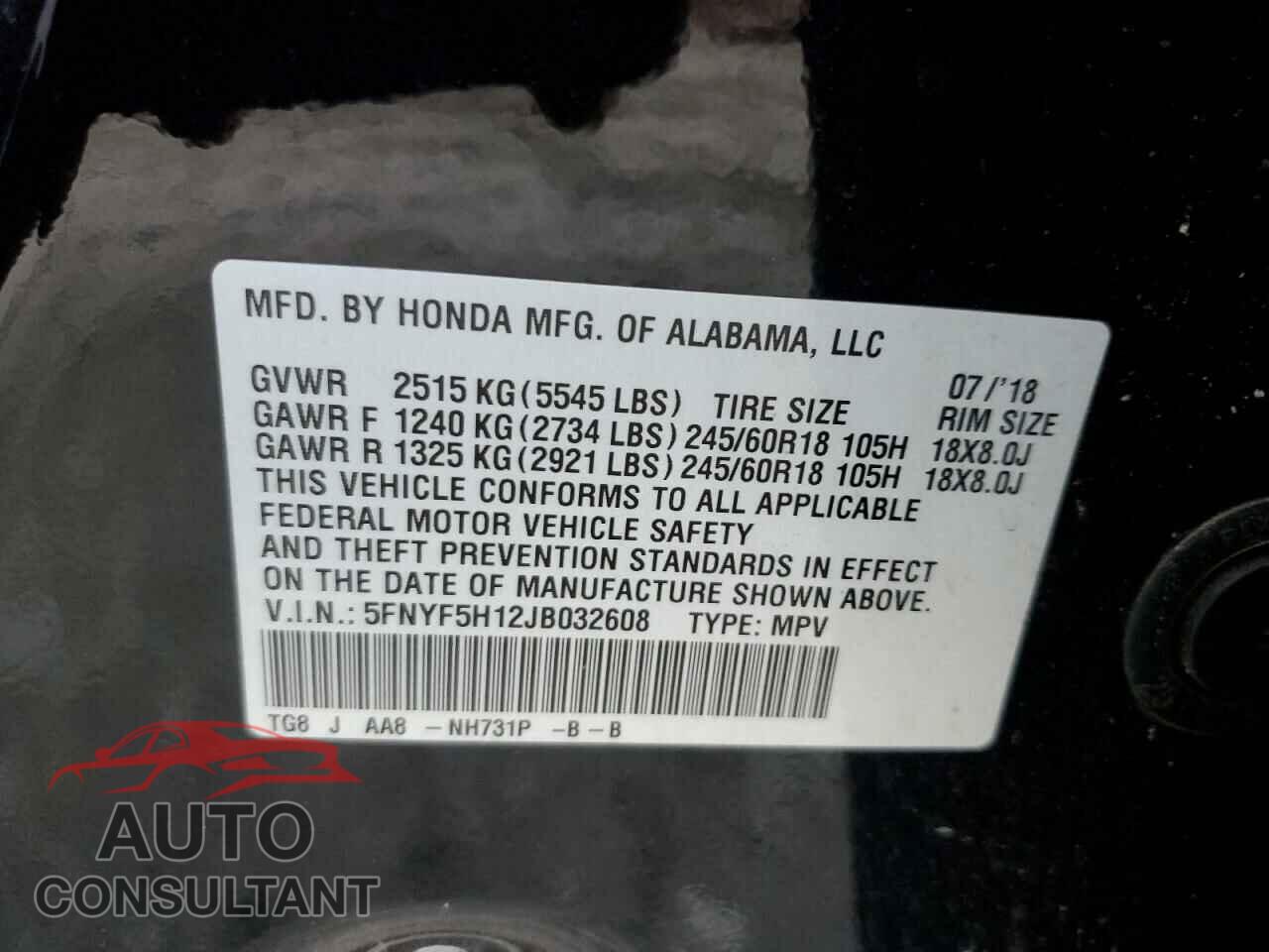 HONDA PILOT 2018 - 5FNYF5H12JB032608