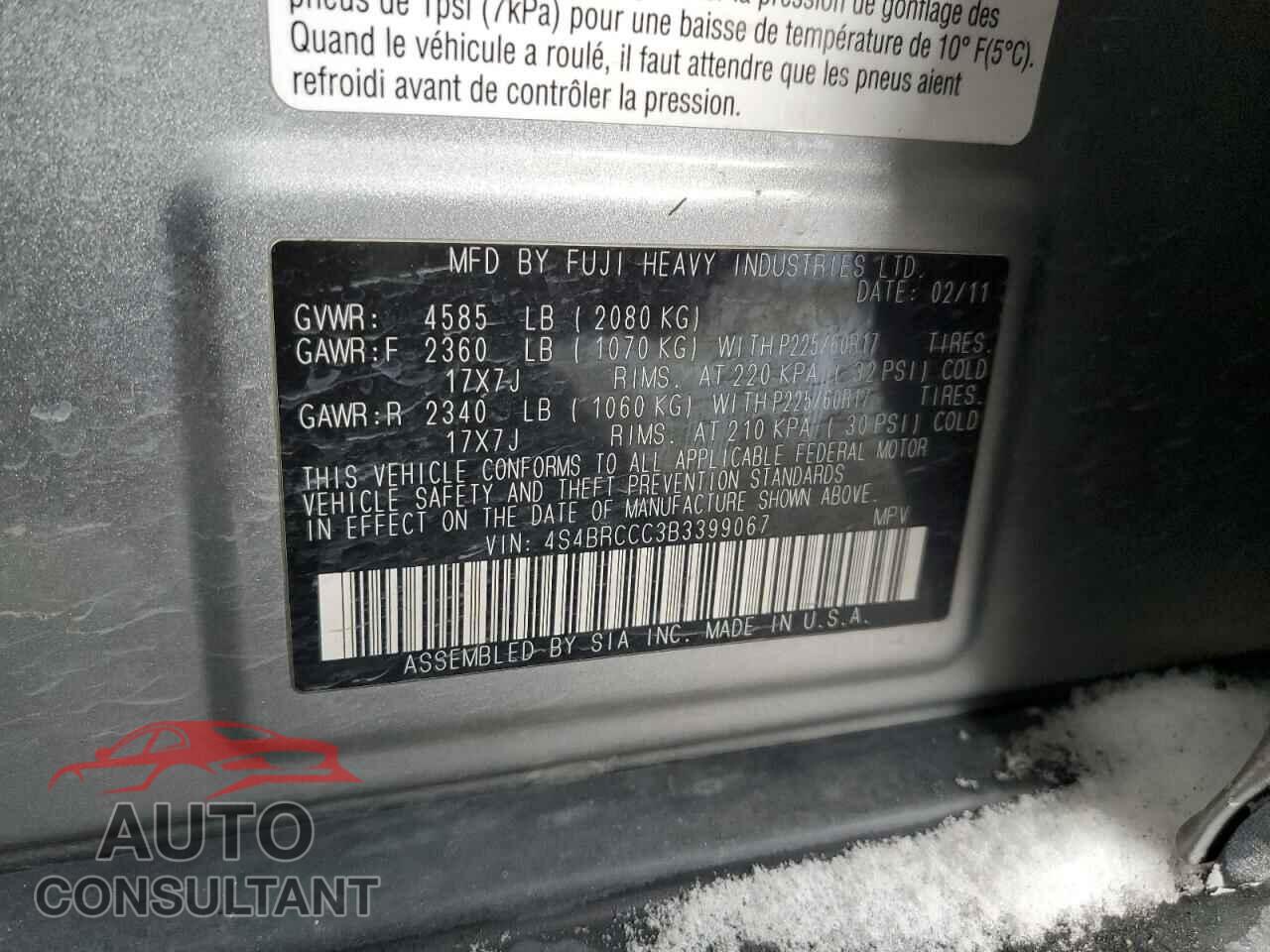 SUBARU OUTBACK 2011 - 4S4BRCCC3B3399067