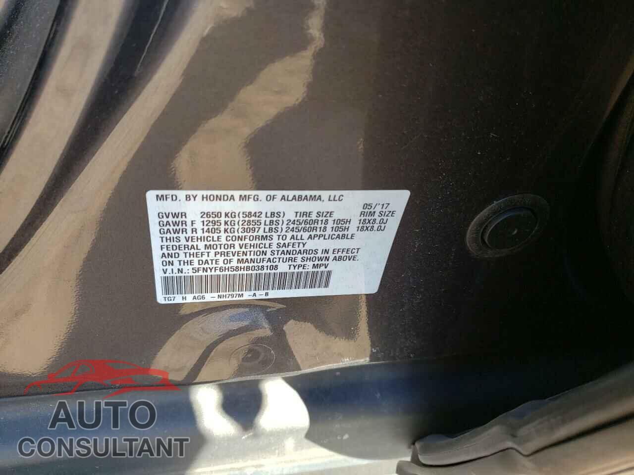 HONDA PILOT 2017 - 5FNYF6H58HB038108