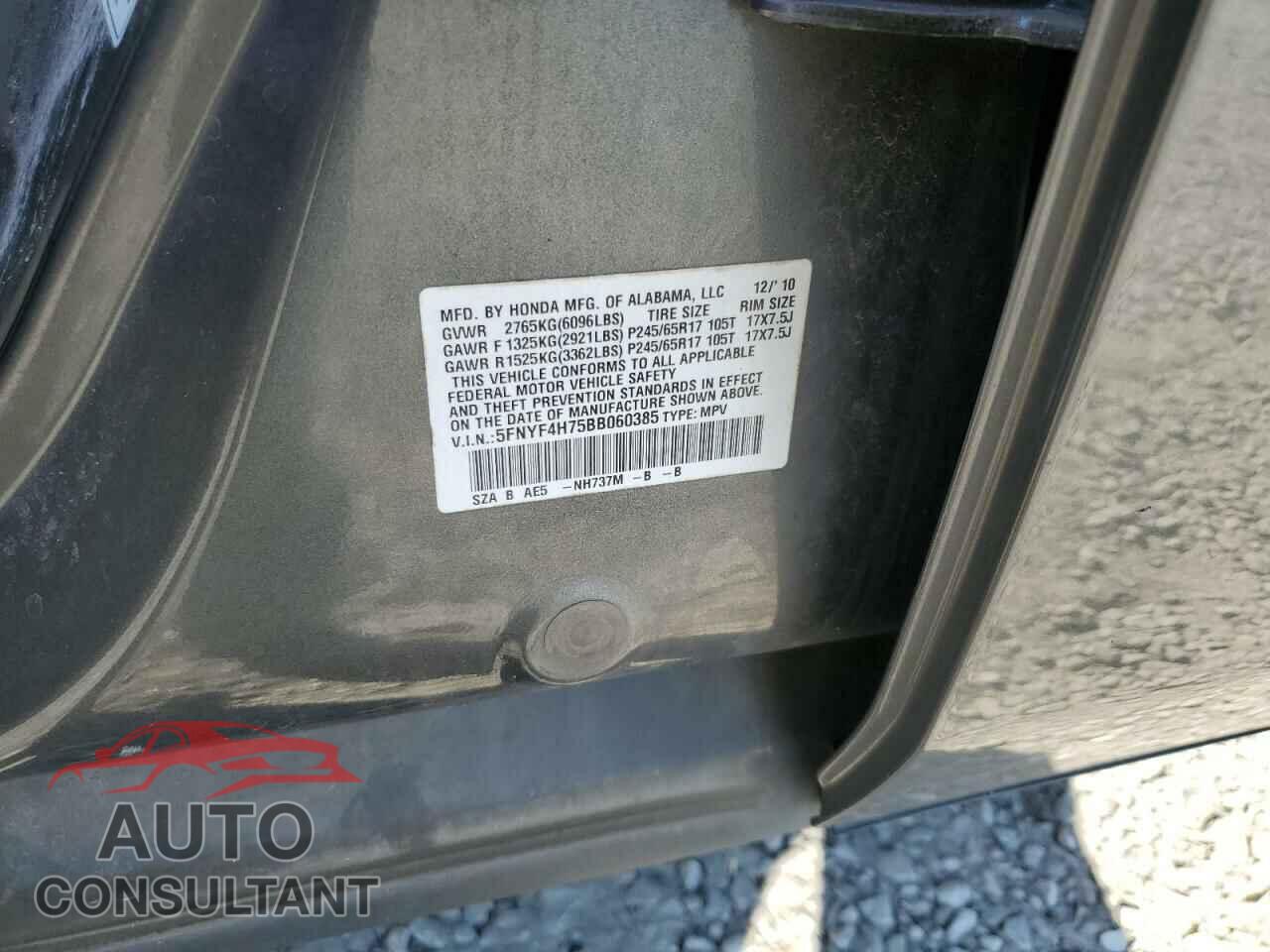 HONDA PILOT 2011 - 5FNYF4H75BB060385