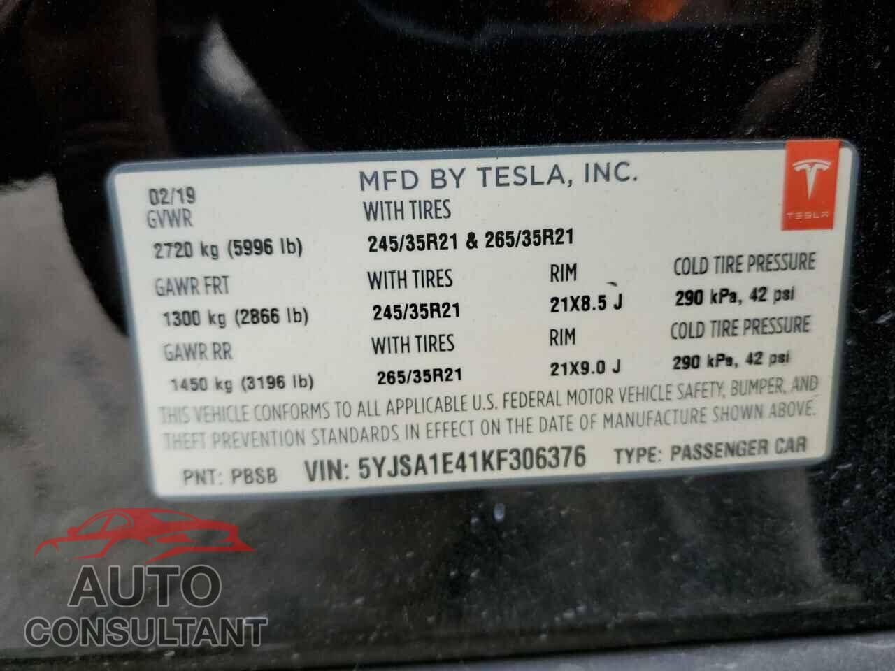 TESLA MODEL S 2019 - 5YJSA1E41KF306376