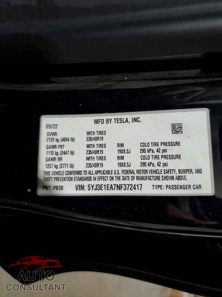 TESLA MODEL 3 2022 - 5YJ3E1EA7NF372417