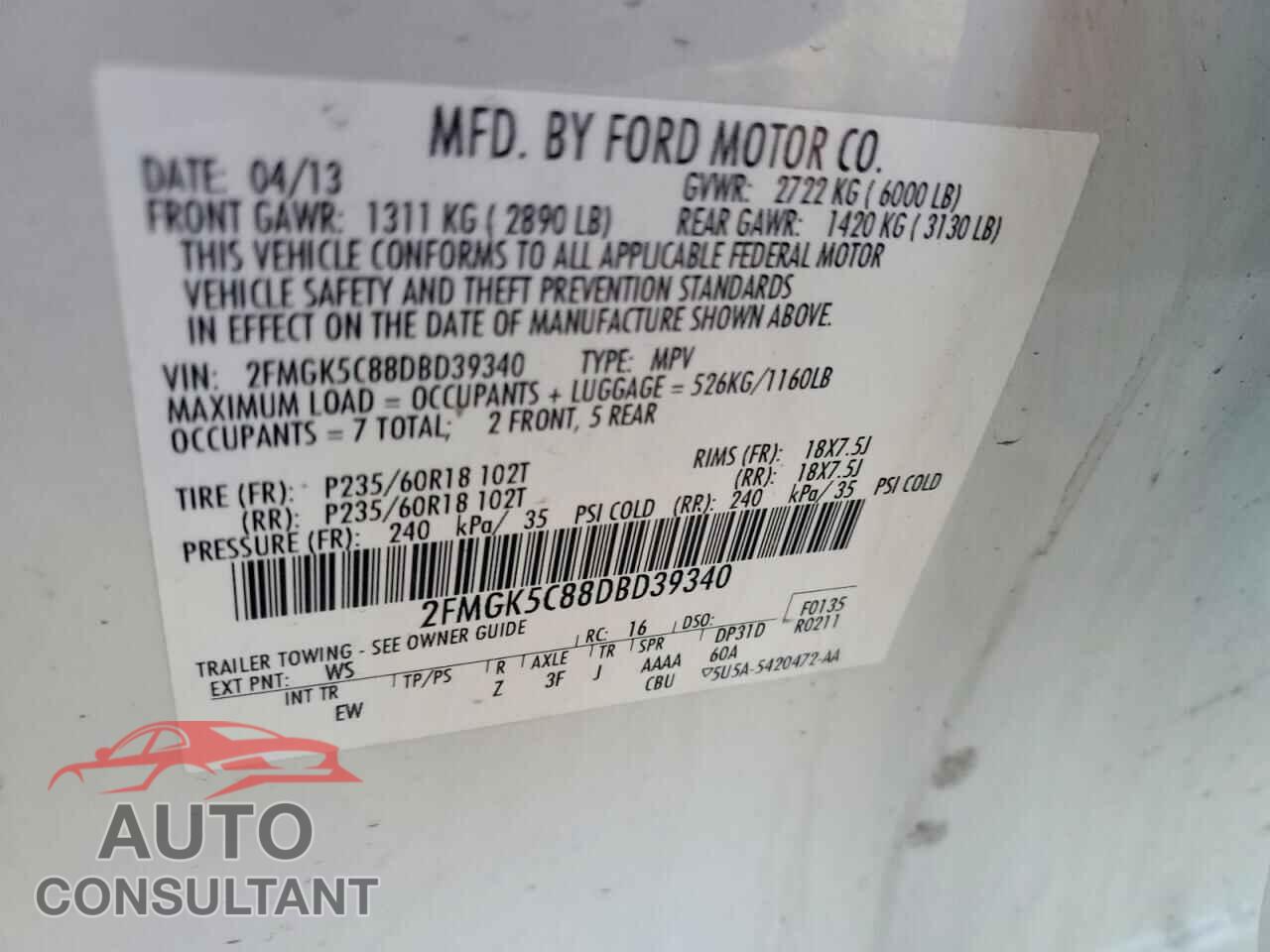 FORD FLEX 2013 - 2FMGK5C88DBD39340