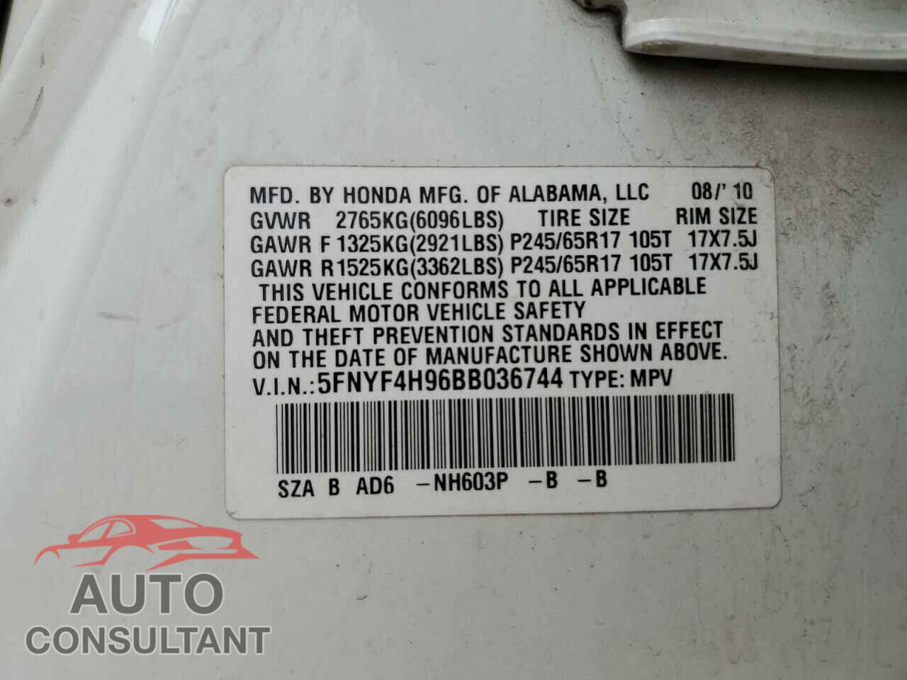 HONDA PILOT 2011 - 5FNYF4H96BB036744