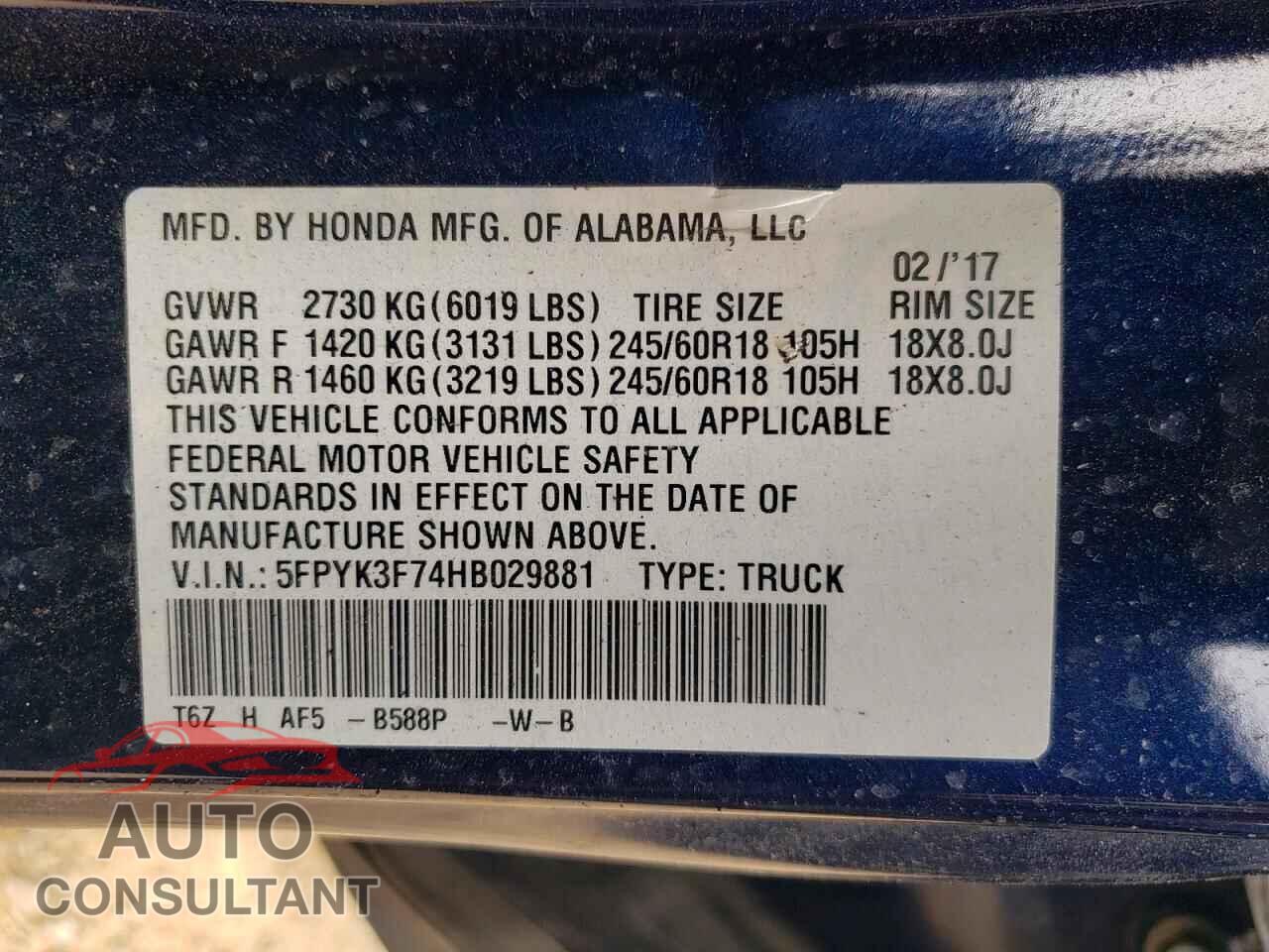 HONDA RIDGELINE 2017 - 5FPYK3F74HB029881