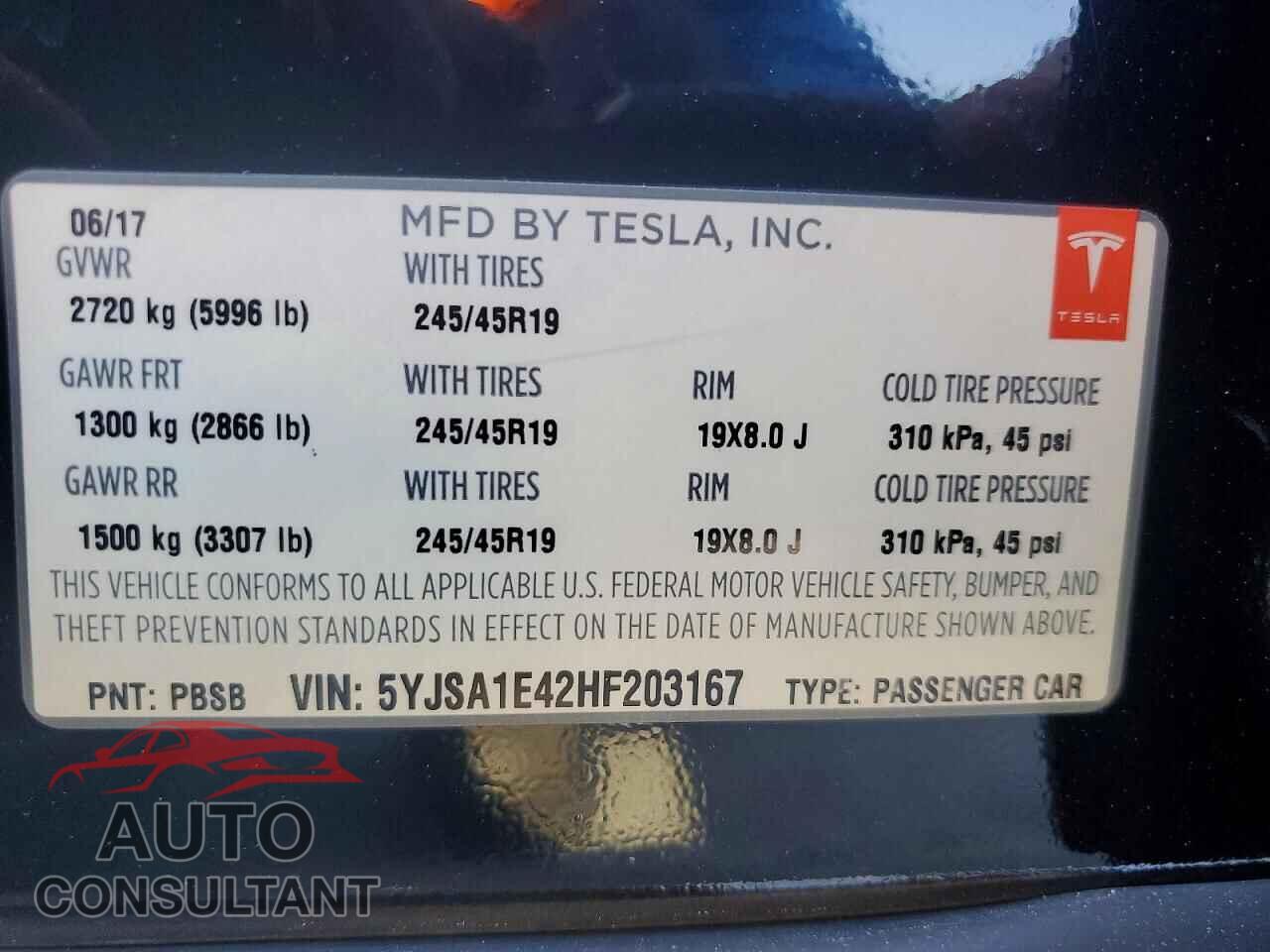 TESLA MODEL S 2017 - 5YJSA1E42HF203167