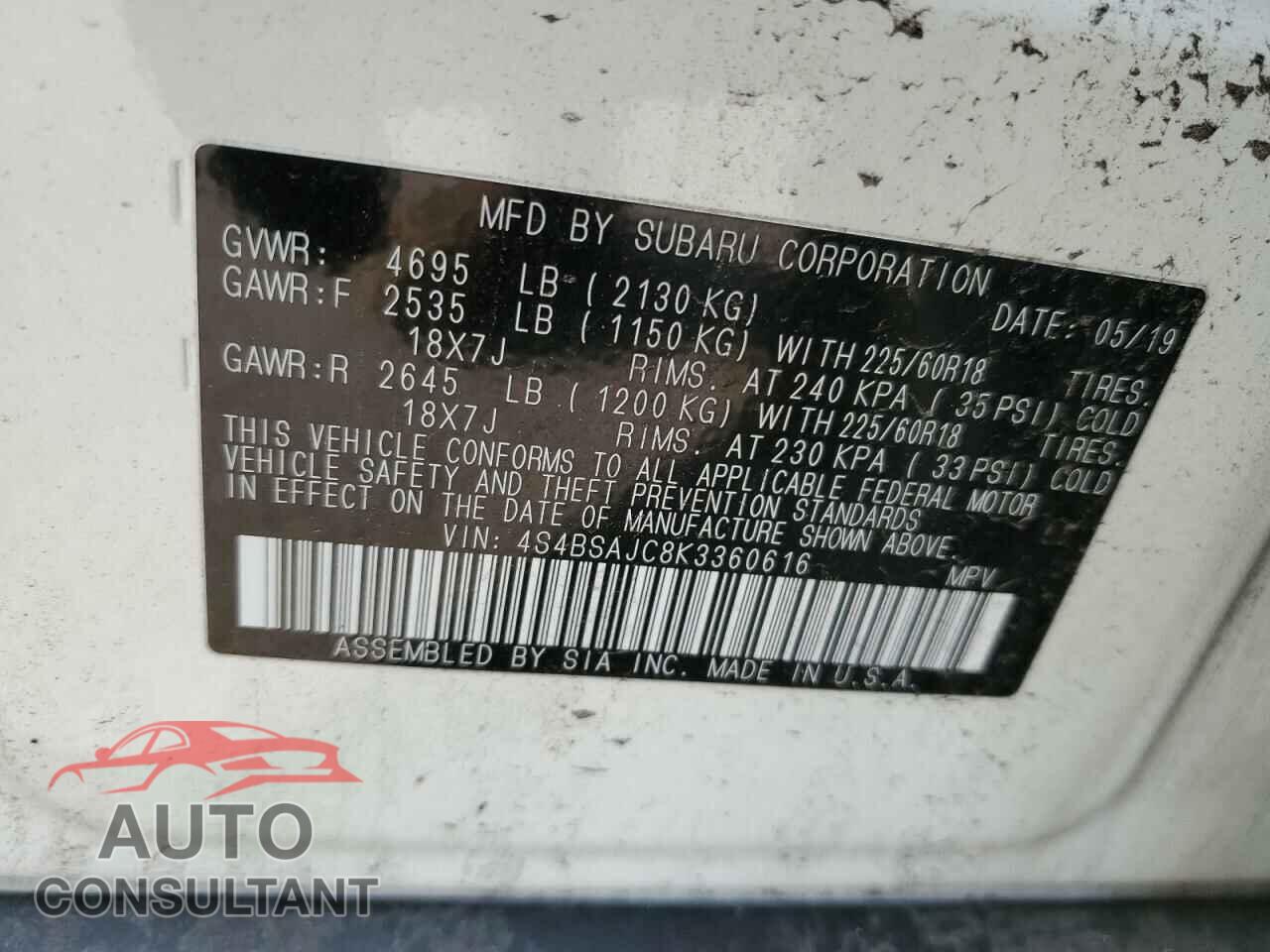 SUBARU OUTBACK 2019 - 4S4BSAJC8K3360616