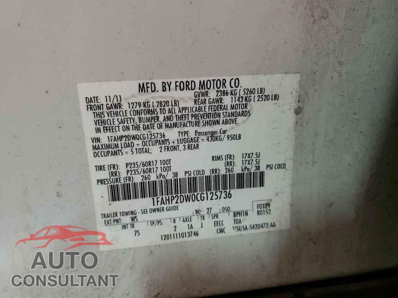 FORD TAURUS 2012 - 1FAHP2DW0CG125736