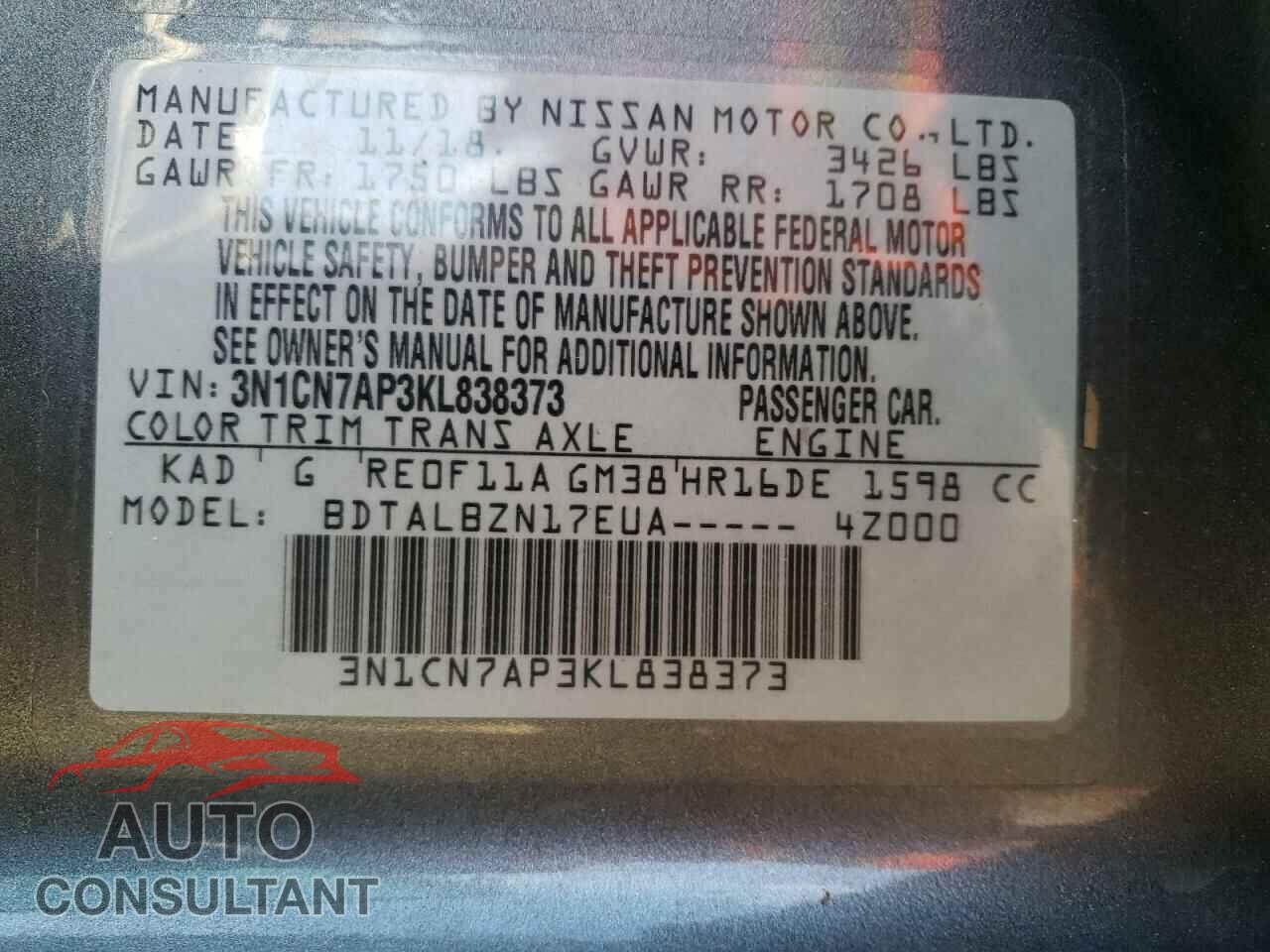 NISSAN VERSA 2019 - 3N1CN7AP3KL838373
