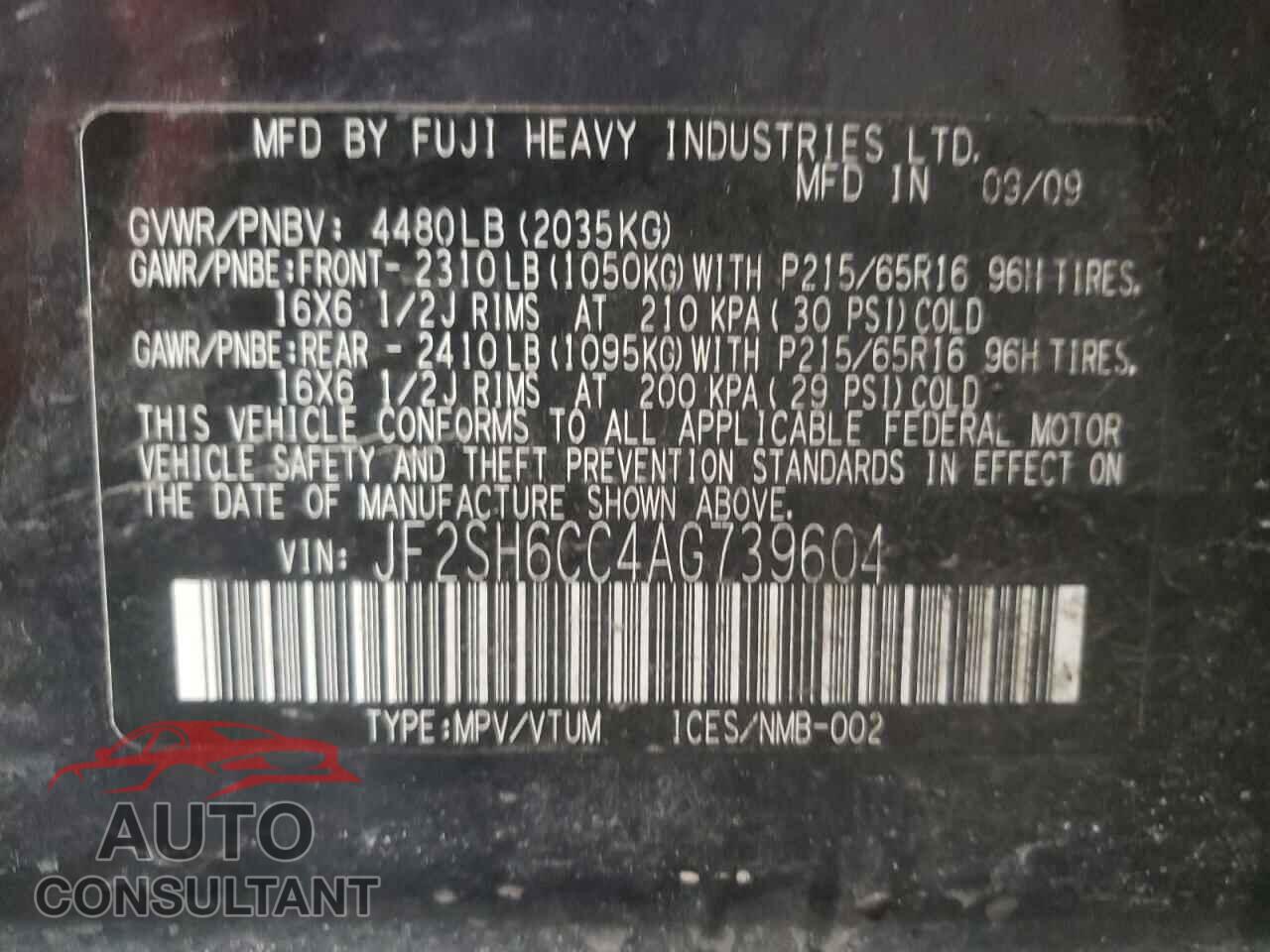 SUBARU FORESTER 2010 - JF2SH6CC4AG739604
