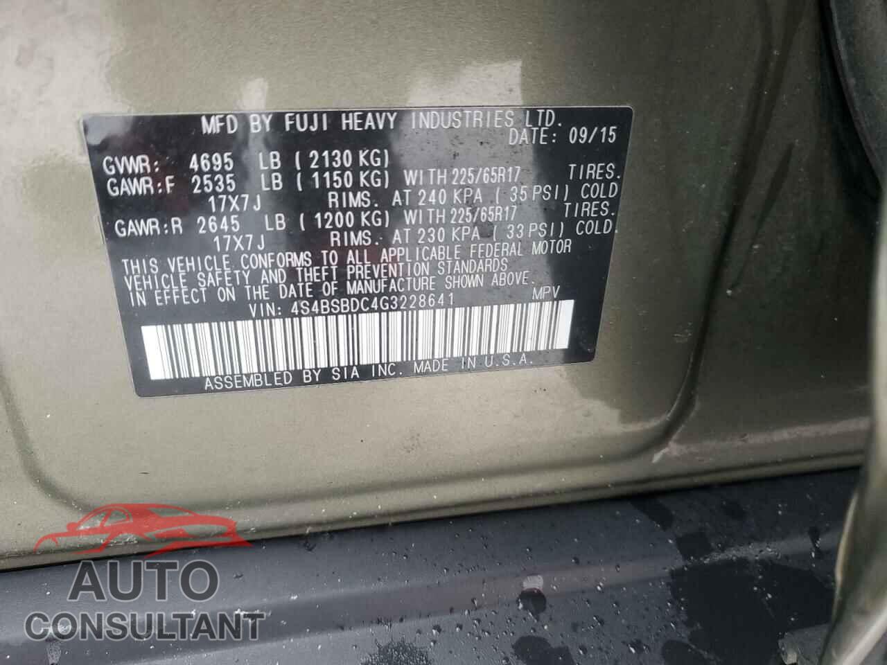 SUBARU OUTBACK 2016 - 4S4BSBDC4G3228641