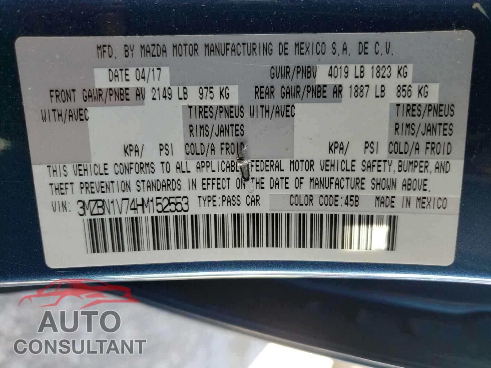 MAZDA 3 2017 - 3MZBN1V74HM152553