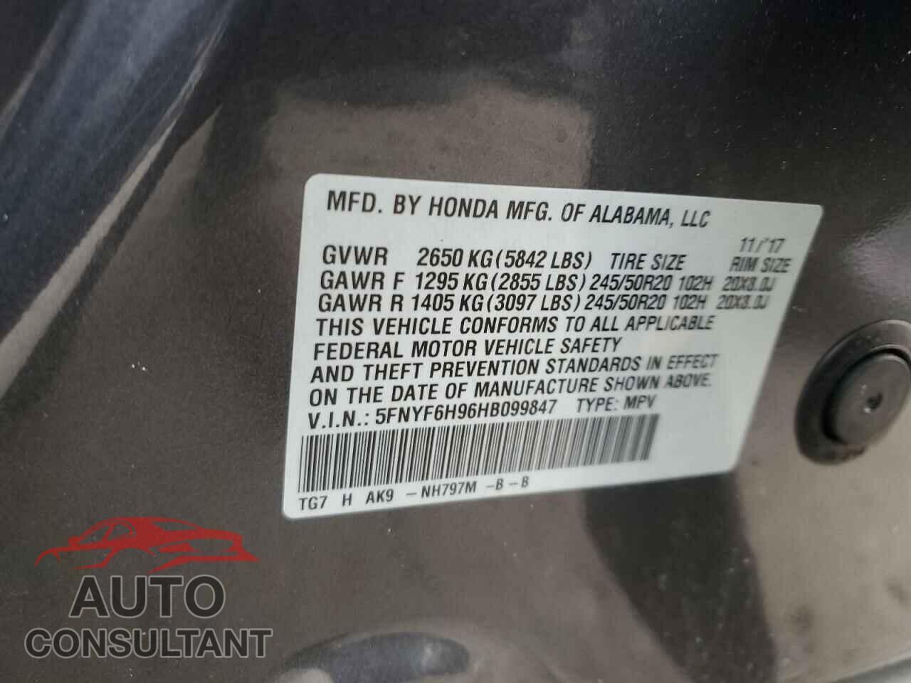 HONDA PILOT 2017 - 5FNYF6H96HB099847